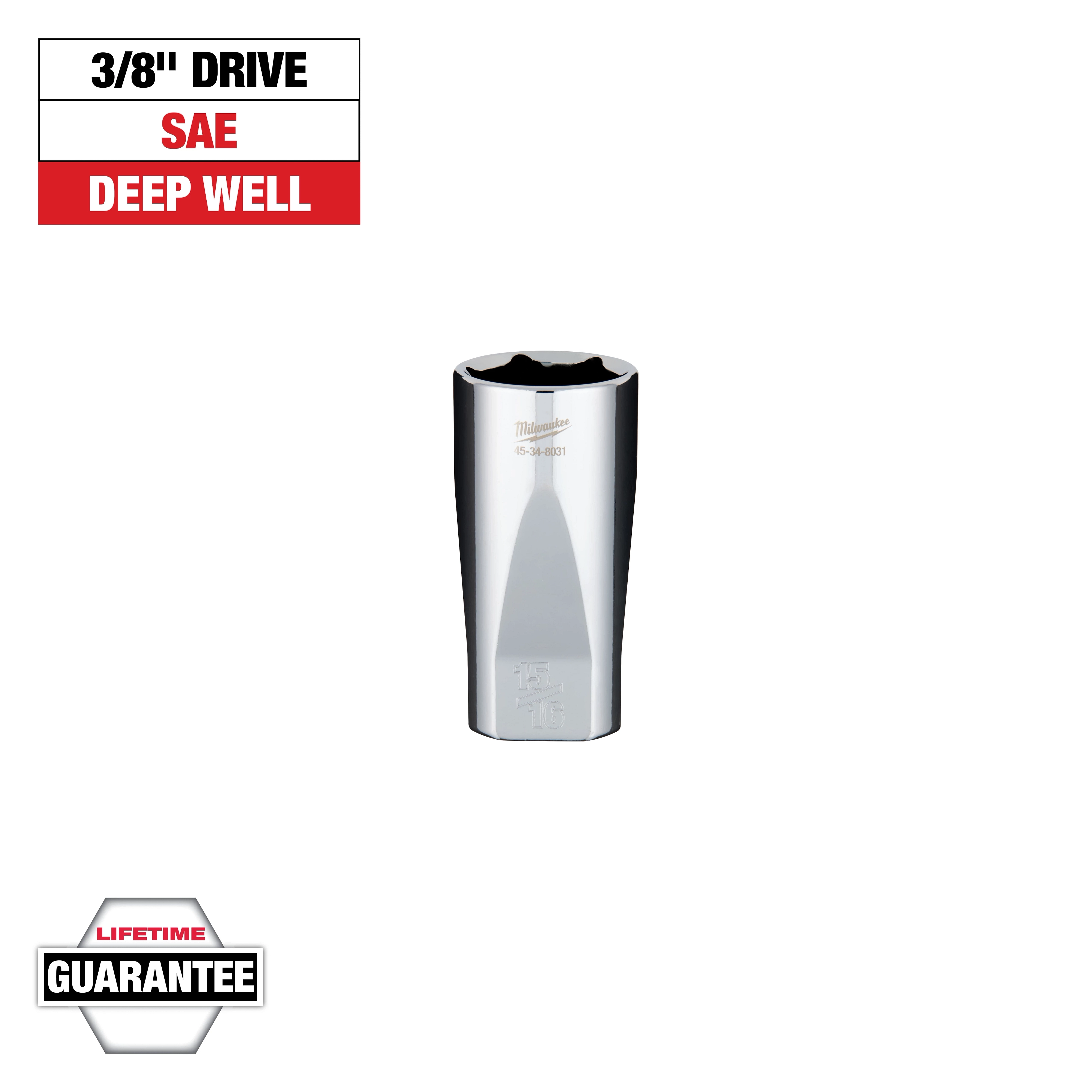The image shows a chrome-finished 3/8-inch drive deep well socket from Milwaukee, marked with "15-368671." The text above it reads "3/8'' Drive SAE Deep Well", and a "Lifetime Guarantee" logo is shown in the bottom left corner.