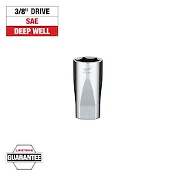 The image shows a chrome-finished 3/8-inch drive deep well socket from Milwaukee, marked with "15-368671." The text above it reads "3/8'' Drive SAE Deep Well", and a "Lifetime Guarantee" logo is shown in the bottom left corner.