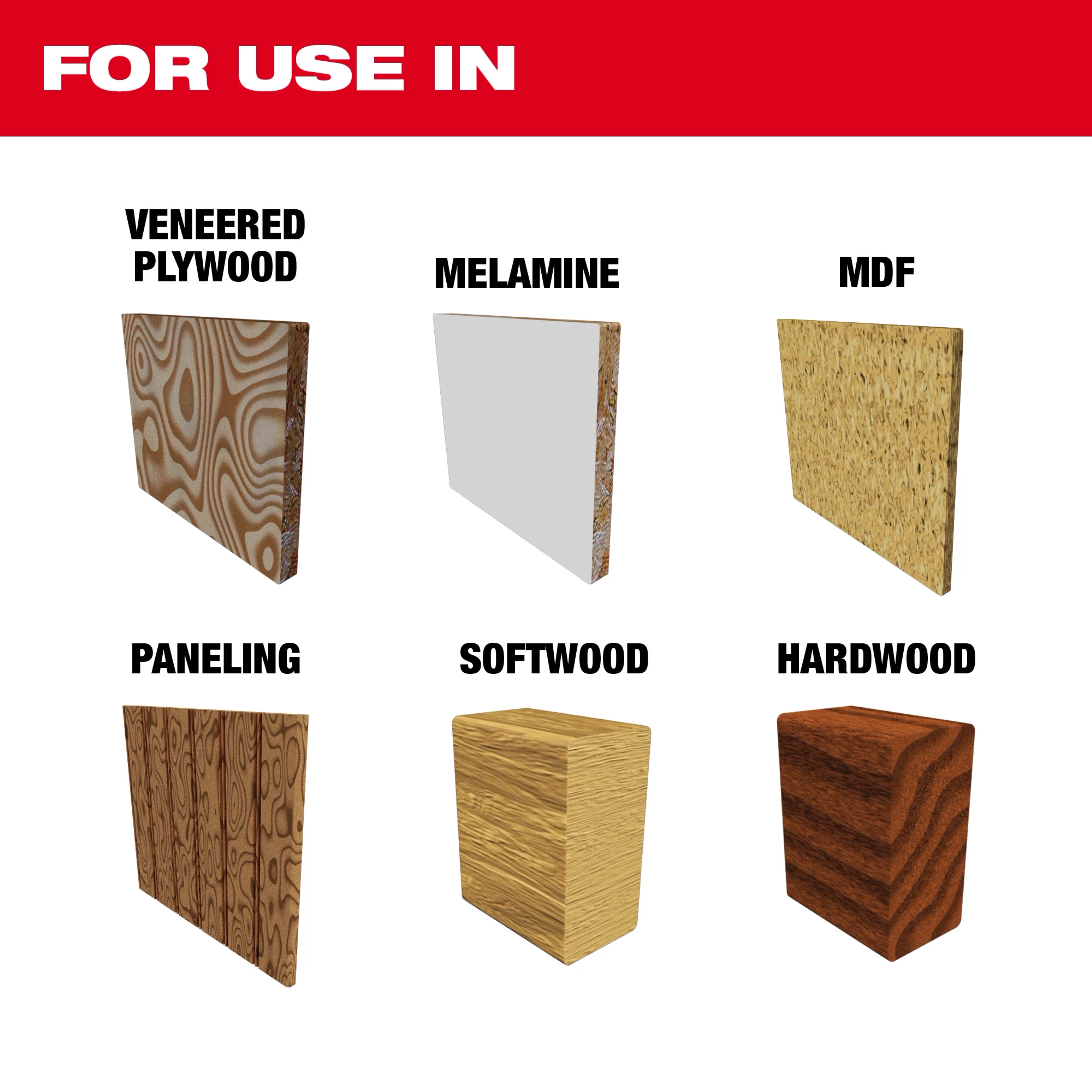 For Use In Finish and Fine Finish Track Saw Blade Image Reel suitable for veneered plywood, melamine, MDF, paneling, softwood, and hardwood.