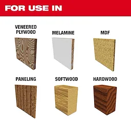 For Use In Finish and Fine Finish Track Saw Blade Image Reel suitable for veneered plywood, melamine, MDF, paneling, softwood, and hardwood.