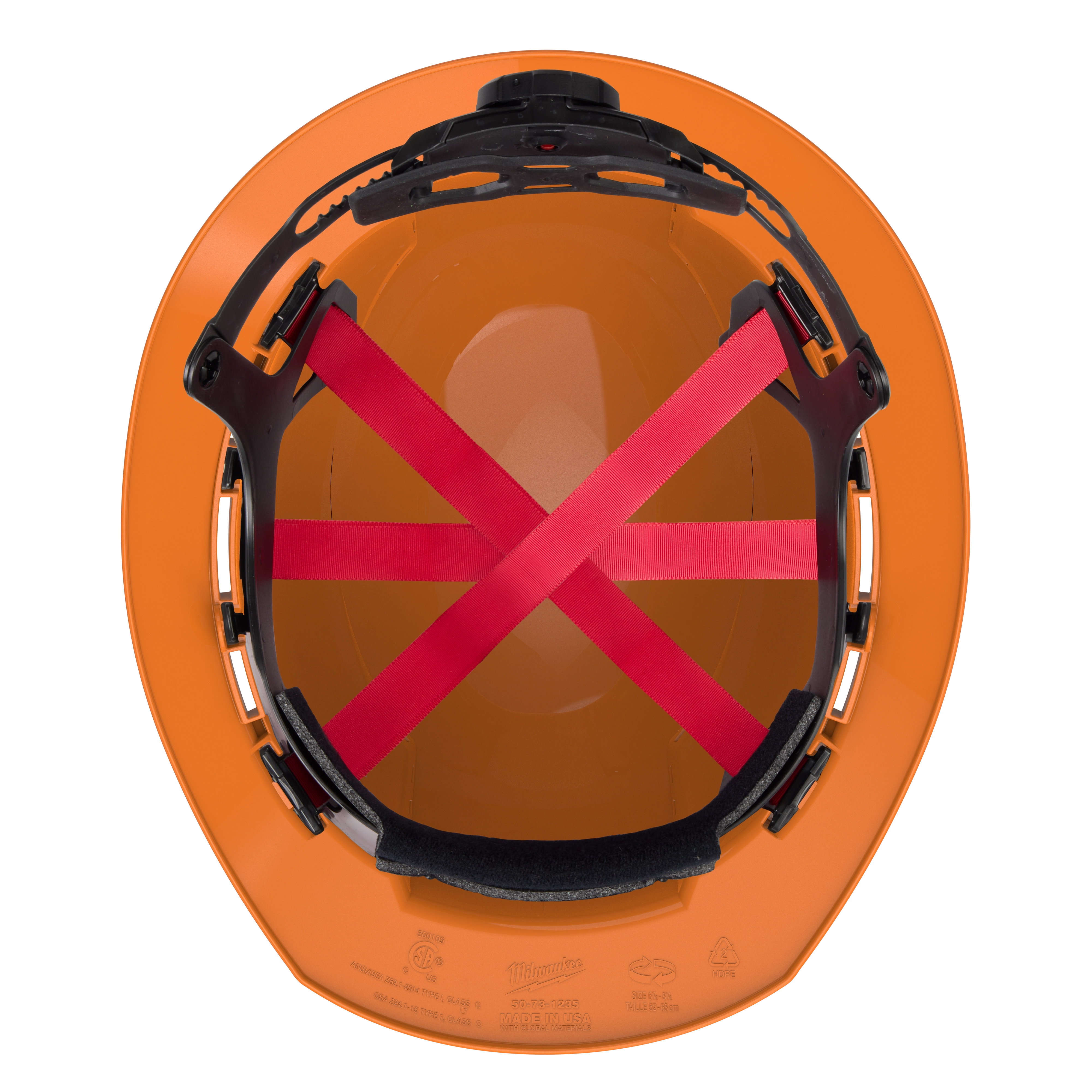 Top view of BOLT Orange Full Brim Vented Hard Hat w/6pt Ratcheting Suspension (USA) - Type 1, Class C