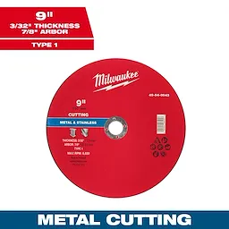 9" x 3/32" x 7/8" Metal Cut Off Wheel - Type 1, red disc for cutting metal and stainless steel, max RPM 6,650.