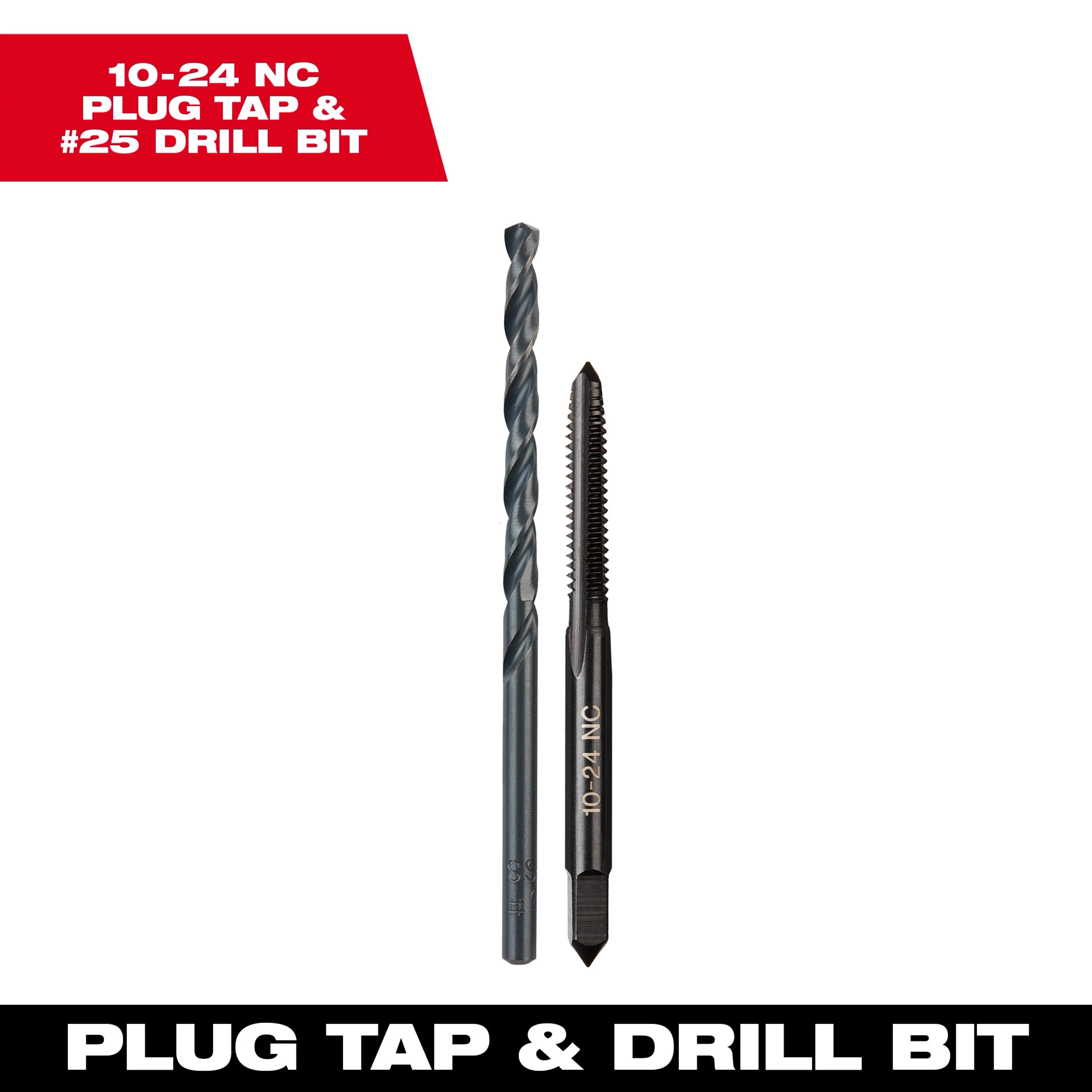 10-24 NC Straight Flute Plug Tap and #25 Drill Bit shown side by side against a white background with text overlays.