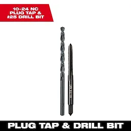10-24 NC Straight Flute Plug Tap and #25 Drill Bit shown side by side against a white background with text overlays.