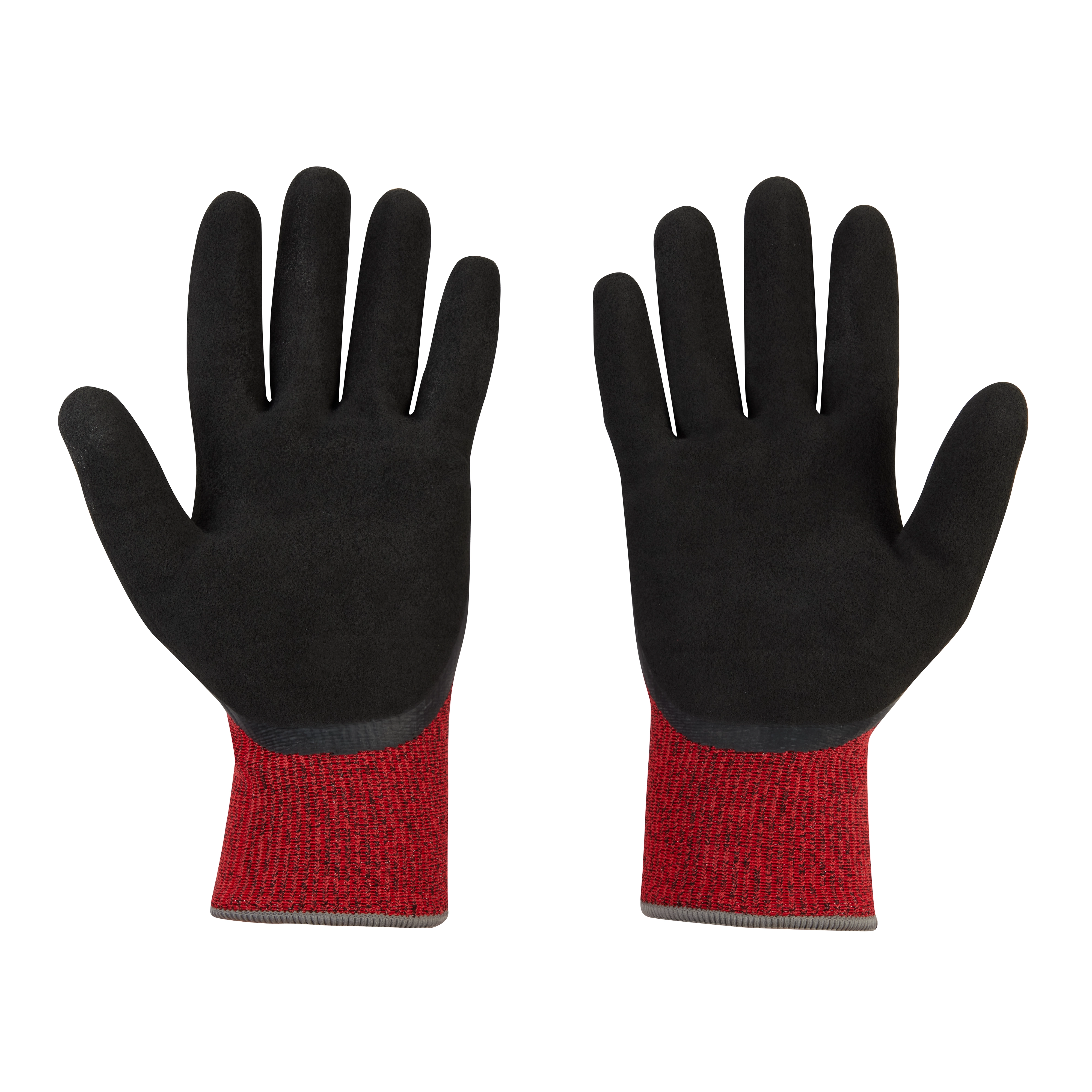 Cut Level 4 Winter Dipped Gloves - M are black gloves with red cuff knit wristbands, providing protection and warmth in cold environments.