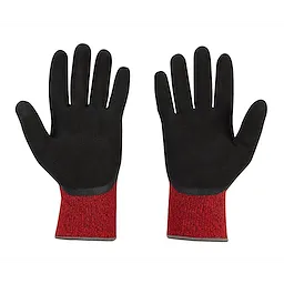 Cut Level 4 Winter Dipped Gloves - M are black gloves with red cuff knit wristbands, providing protection and warmth in cold environments.