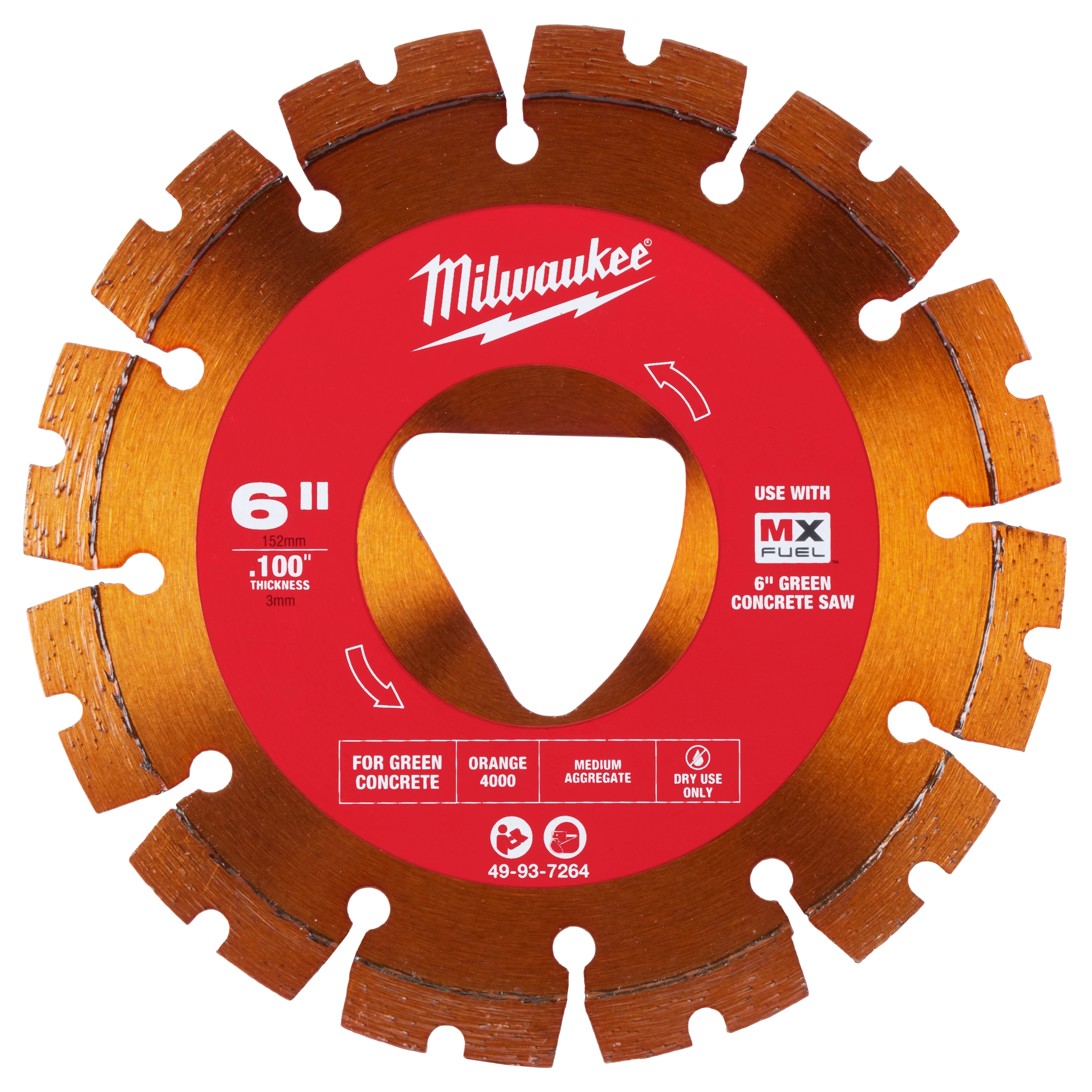 Orange 6” x .100” Diamond Blade for Green Concrete with a red center labeled for use with MX Fuel 6" Green Concrete Saw.