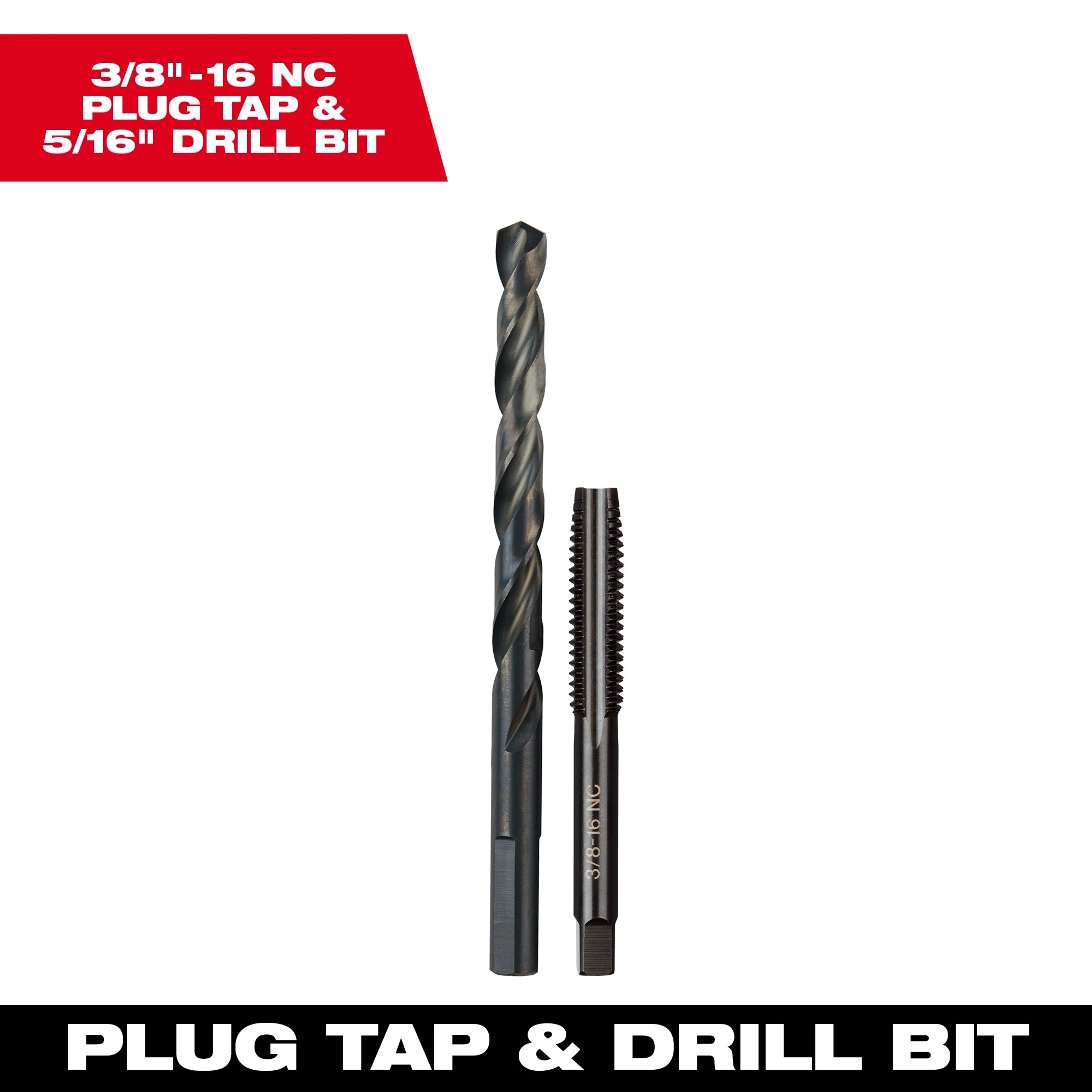 3/8"-16 NC Straight Flute Plug Tap with 5/16" Drill Bit, featuring a durable design for threading and drilling applications.