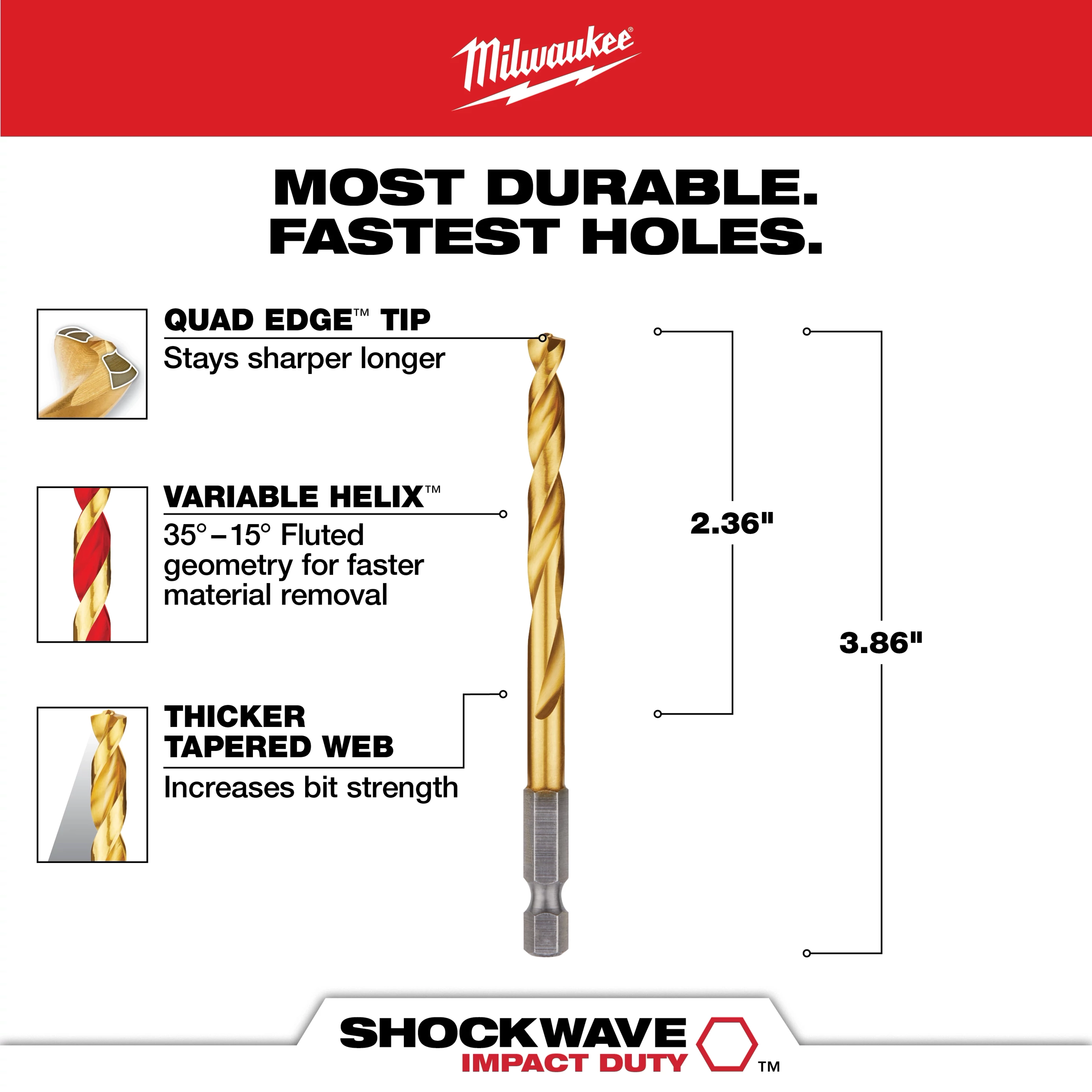 The Shockwave 15/64 in. Titanium Drill Bit features a Quad Edge tip for durability, Variable Helix for material removal, and a thicker tapered web for increased strength. Measurements indicated are 2.36 inches and 3.86 inches. The drill bit is marketed as most durable for fastest holes.