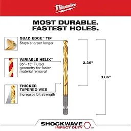 The Shockwave 15/64 in. Titanium Drill Bit features a Quad Edge tip for durability, Variable Helix for material removal, and a thicker tapered web for increased strength. Measurements indicated are 2.36 inches and 3.86 inches. The drill bit is marketed as most durable for fastest holes.