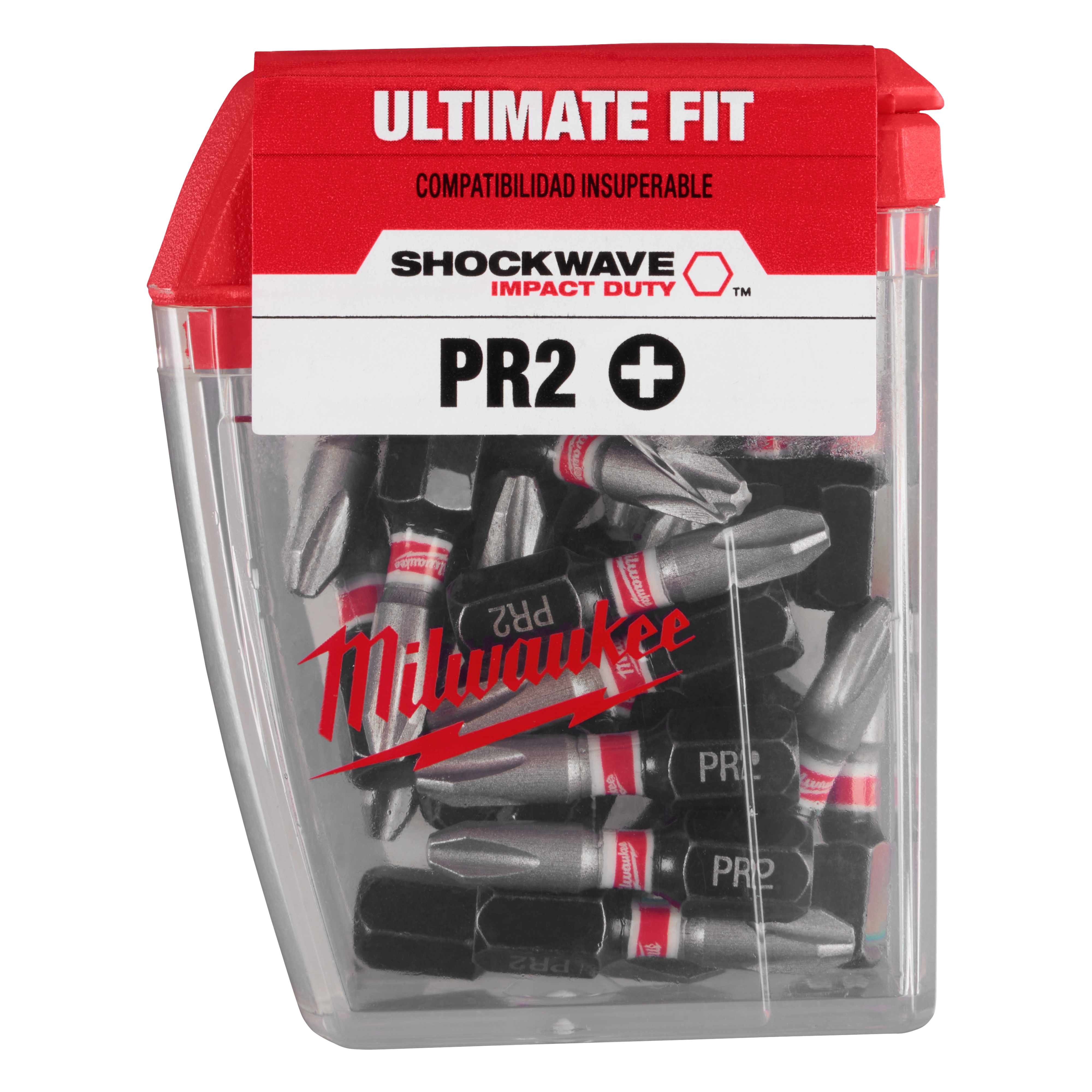 Image of SHOCKWAVE™ 1" Impact Phillips Reduced #2 Insert Bits (Contractor Pack) by Milwaukee, featuring a clear plastic case with a red label displaying "Ultimate Fit" and "PR2." The case contains multiple black and silver insert bits.