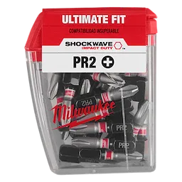 Image of SHOCKWAVE™ 1" Impact Phillips Reduced #2 Insert Bits (Contractor Pack) by Milwaukee, featuring a clear plastic case with a red label displaying "Ultimate Fit" and "PR2." The case contains multiple black and silver insert bits.