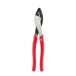 Comfort Grip Crimping Pliers with red handles and a silver and black crimping head, designed for ergonomic use in wiring tasks.