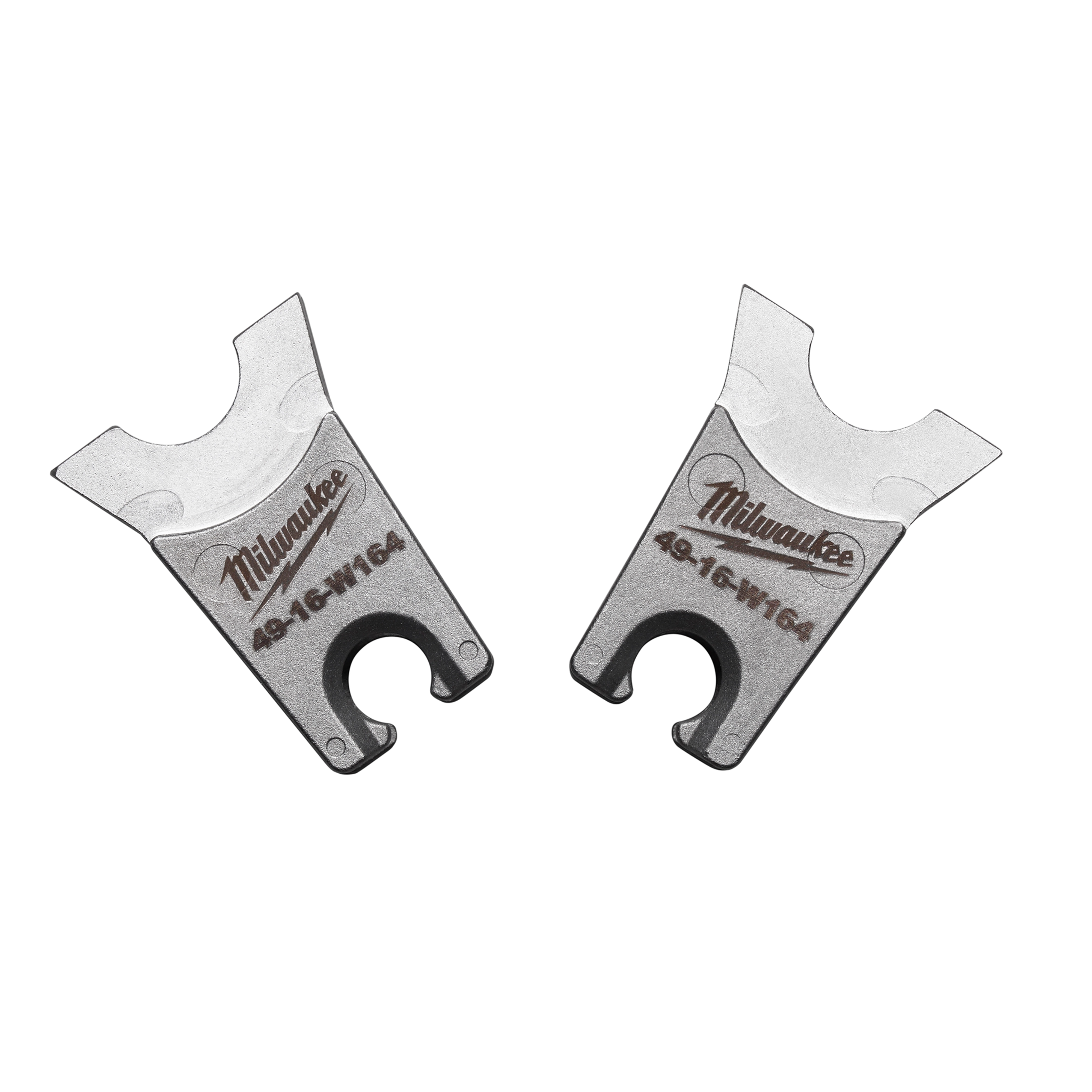Two W%20Style%3A%20W-164%20Die pieces, made of metal with a grey finish, featuring the Milwaukee brand logo and product number 49-16-W164 engraved on each die. They have a distinctive cut-out and are positioned side by side against a white background.