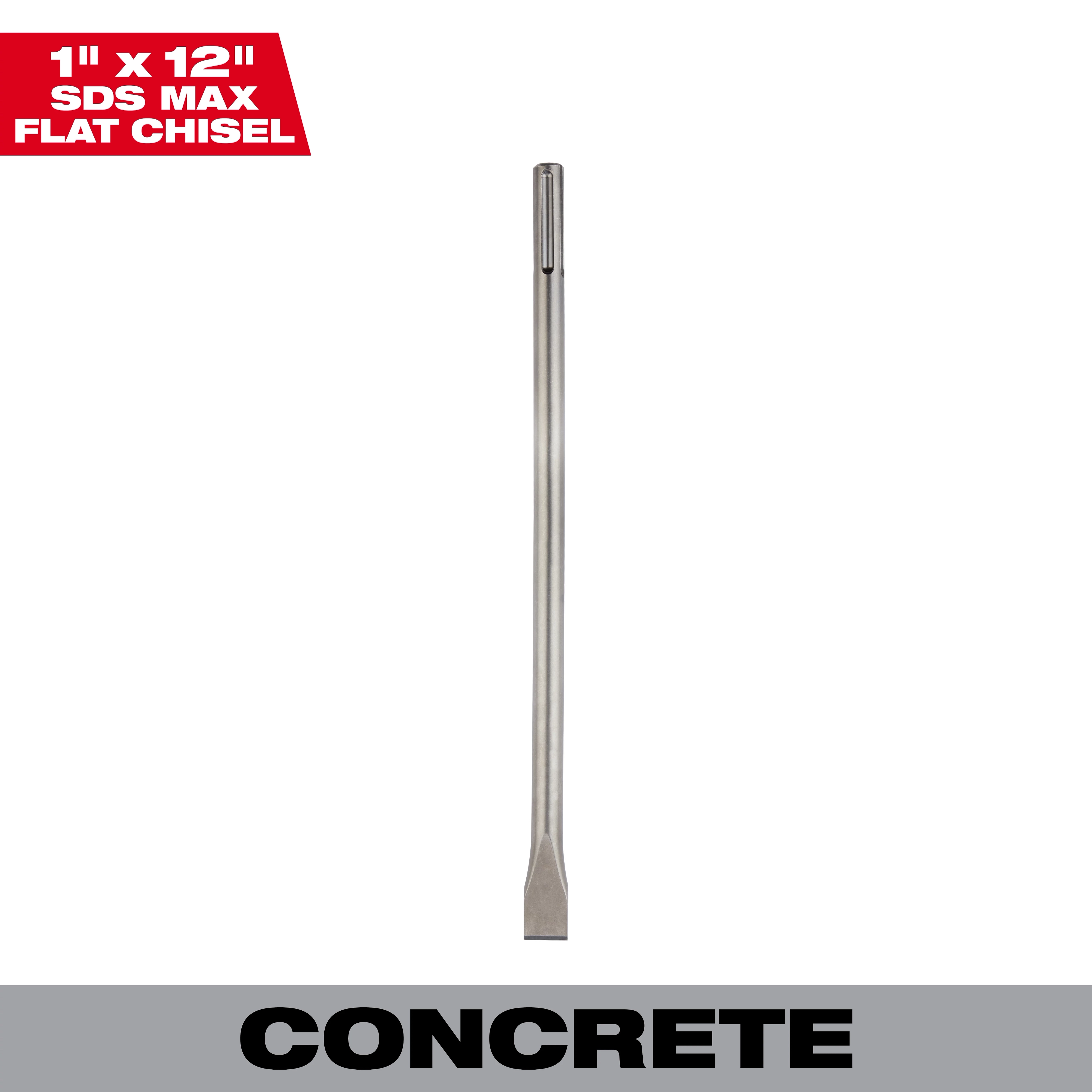 1" x 12" SDS Max Flat Chisel for concrete demolition featuring a long, slender steel design with a flat chisel tip.