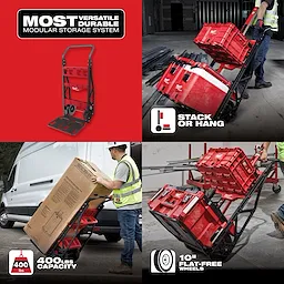 Hover Image of a modular storage system dolly with a 400 lbs capacity and 10" flat-free wheels, shown carrying heavy boxes and storage bins.