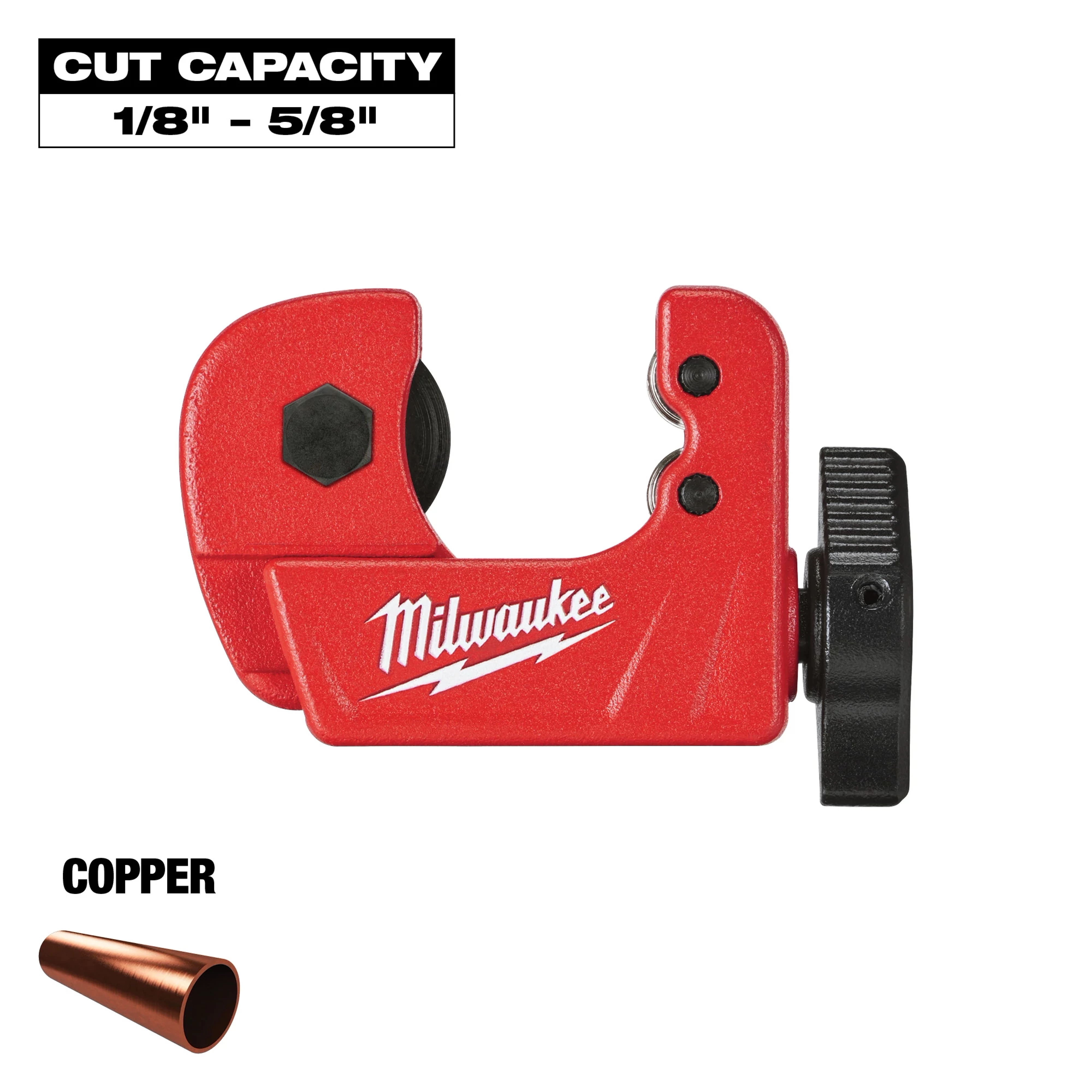 The image features the Milwaukee Mini Copper Tubing Cutter with red casing and a black adjustment knob. It has a cut capacity of 1/8 inch to 5/8 inch. An illustration of a copper pipe is shown below the cutter.