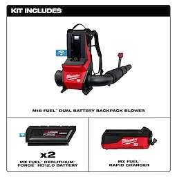The MX FUEL™ Backpack Blower kit includes an M18 FUEL™ dual battery backpack blower, two MX FUEL™ REDLITHIUM™ FORGE™ HD12.0 batteries, and an MX FUEL™ rapid charger.