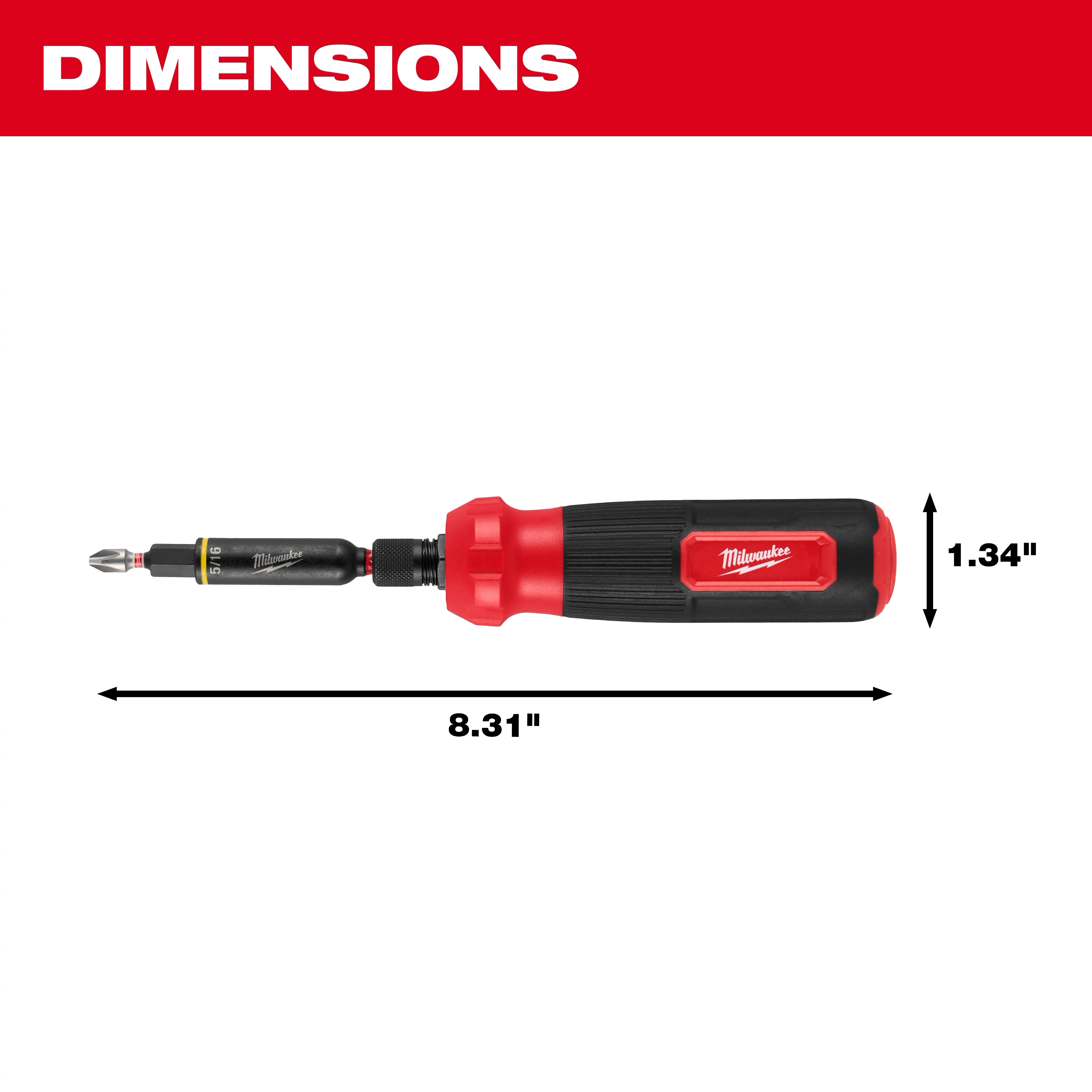 The 8-IN-1 Multi-Bit & Nut Driver with SHOCKWAVE Impact Duty Bits & Nut Drivers features a red and black handle. The tool measures 8.31 inches in length and 1.34 inches in width.