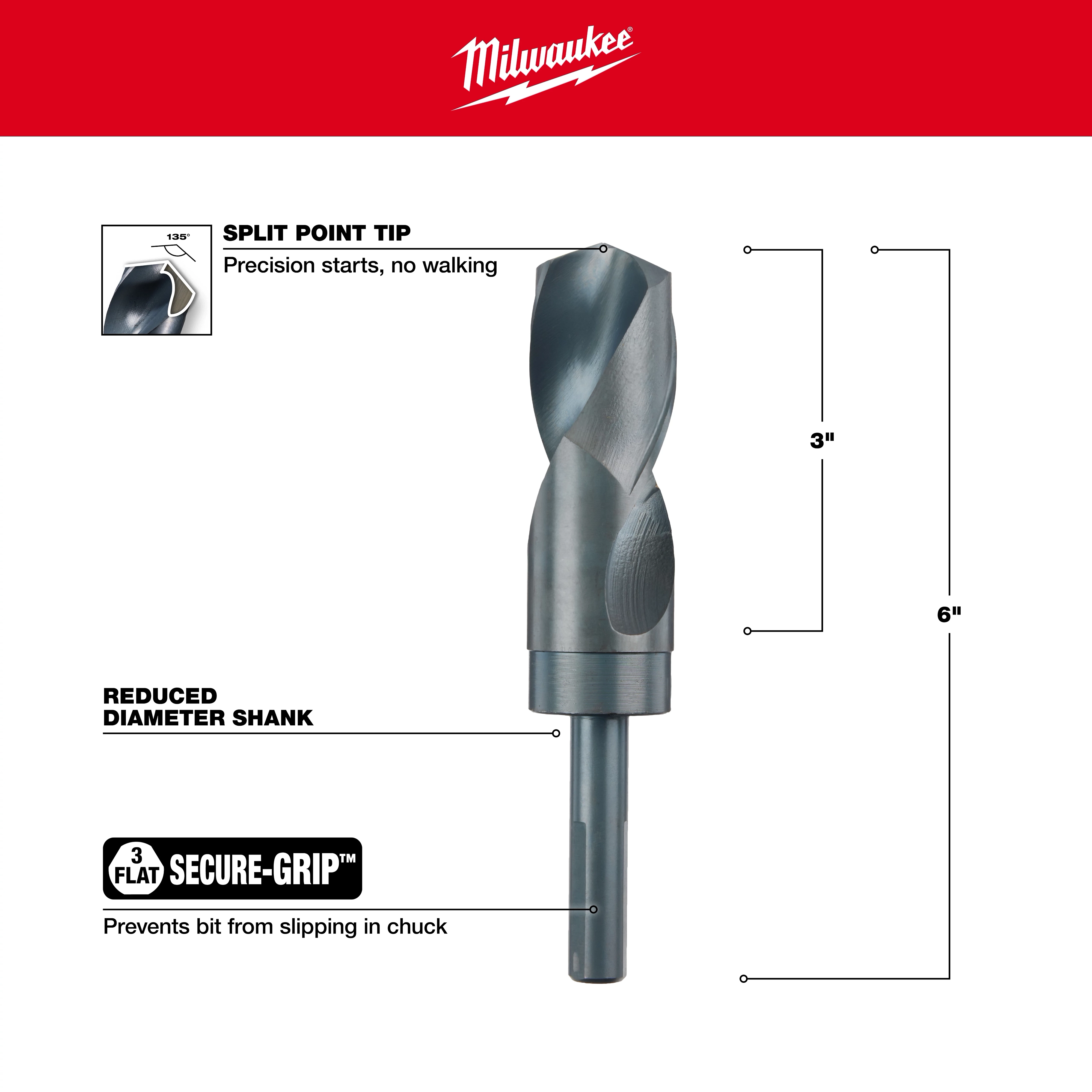 Milwaukee 48-89-2758 Walkaround drill bit with a split point tip, secure-grip flat shank, 3 inches cutting length, and 6 inches total length.