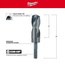 Milwaukee 48-89-2758 Walkaround drill bit with a split point tip, secure-grip flat shank, 3 inches cutting length, and 6 inches total length.