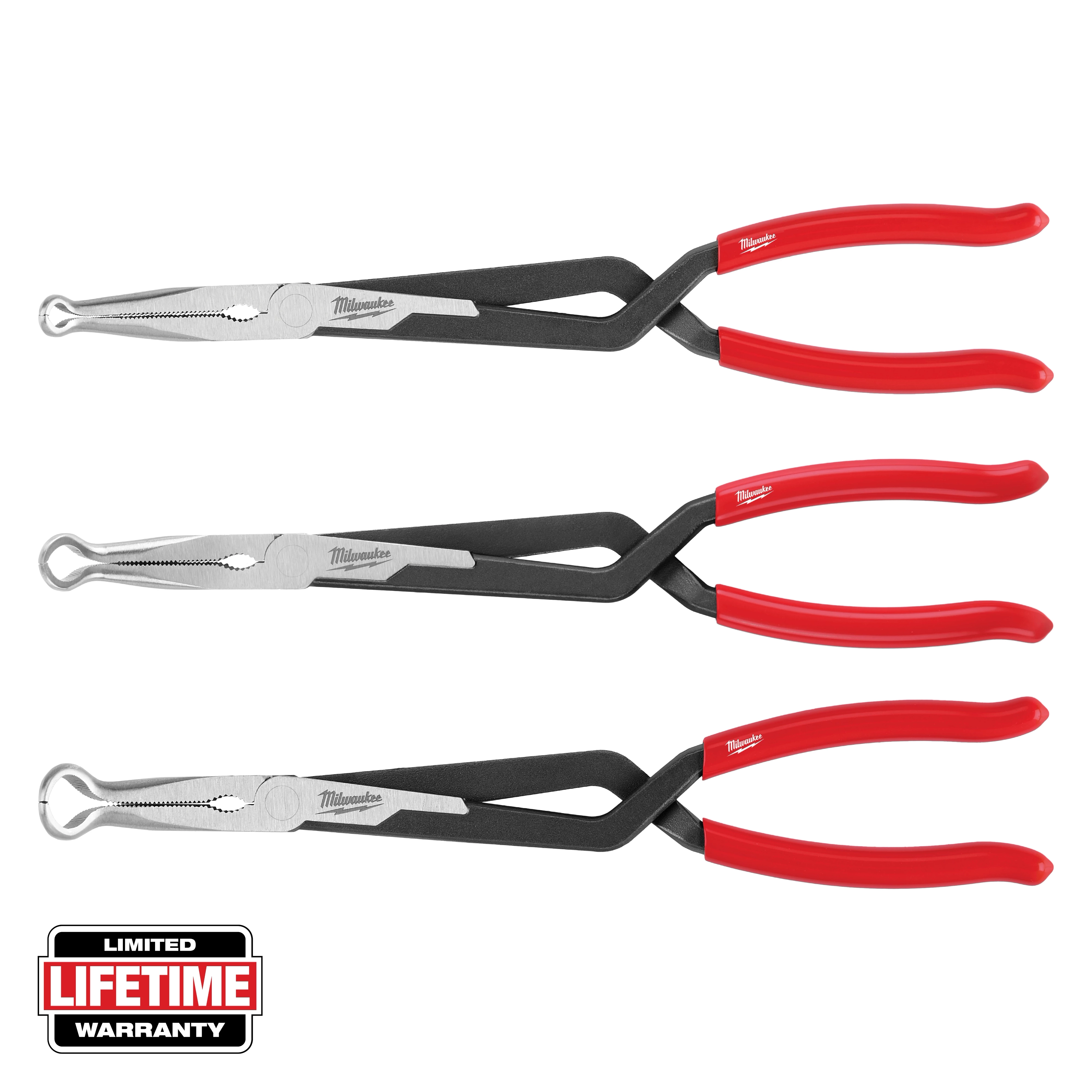 The image shows three Milwaukee pliers with long, black jaws and red handles. Each plier has a different type of gripping tip. A "Limited Lifetime Warranty" badge is displayed in the bottom left corner.