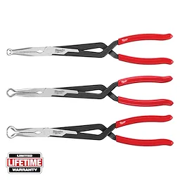The image shows three Milwaukee pliers with long, black jaws and red handles. Each plier has a different type of gripping tip. A "Limited Lifetime Warranty" badge is displayed in the bottom left corner.