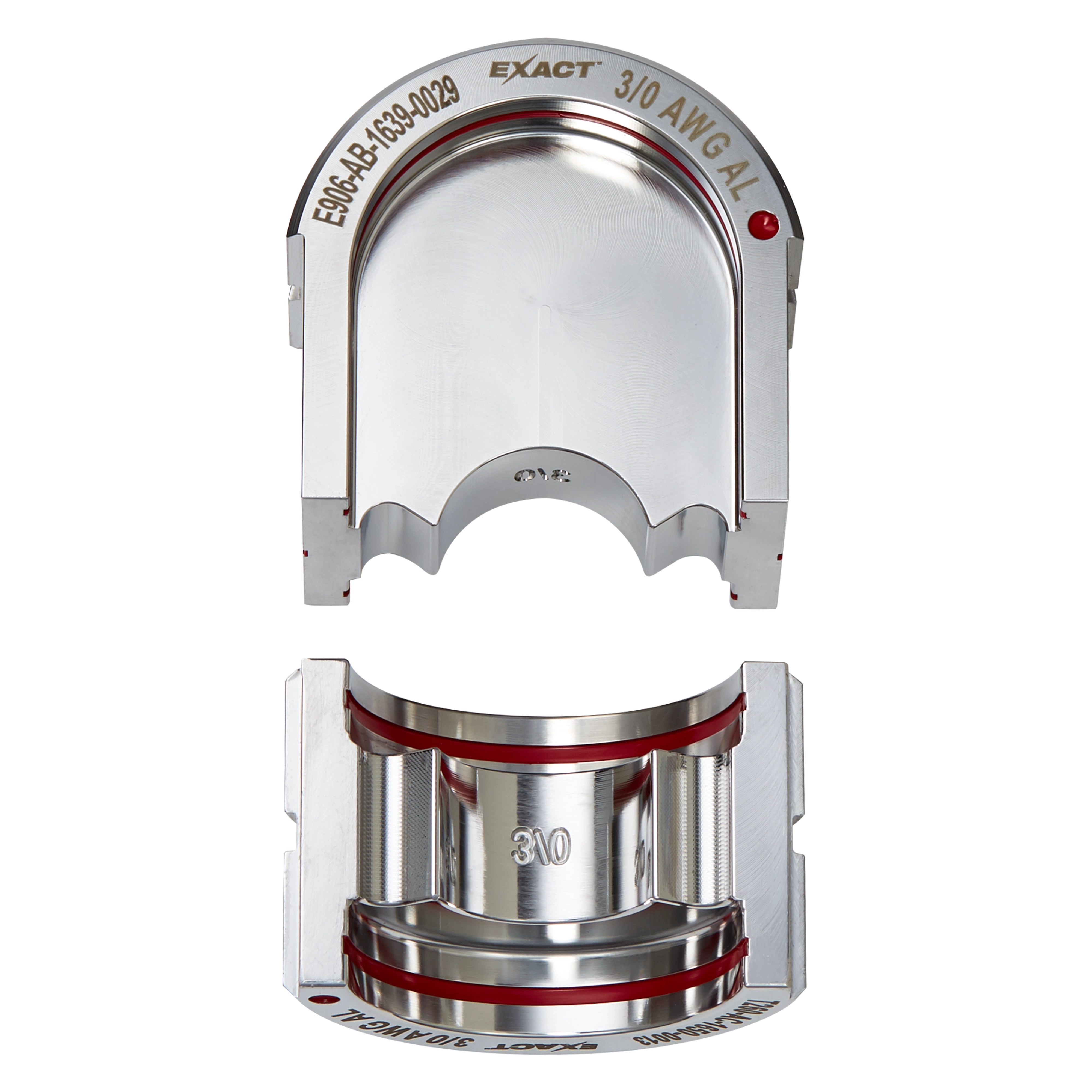FORCELOGIC™ M18™ 750 MCM Crimper Kit includes precise, metallic dies marked with "EXACT" and numerical specifications. The top and bottom crimping dies are designed for 3/0 AWG AL, featuring robust construction for efficient wire crimping.