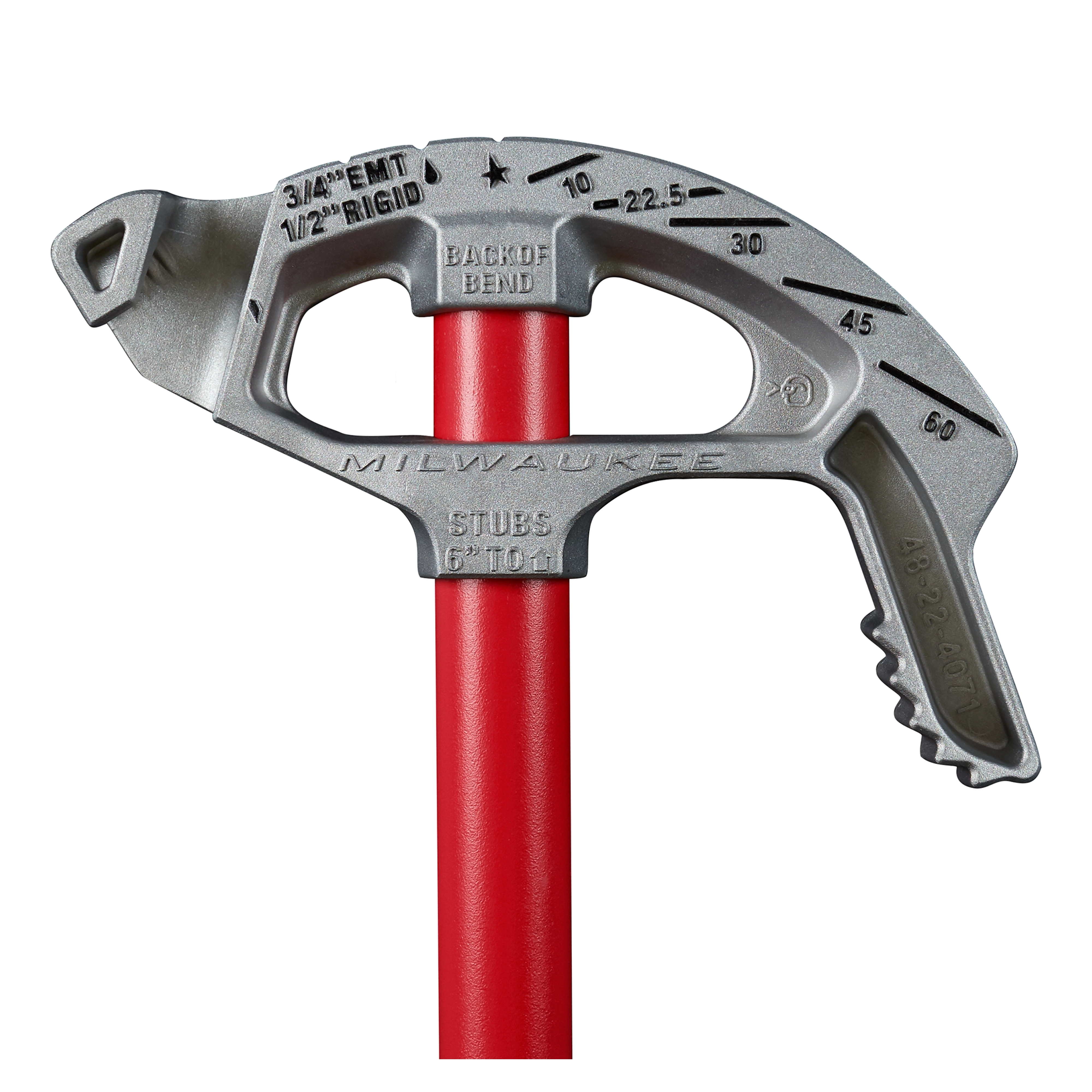 The 3/4" EMT Aluminum Conduit Bender with degree markings and a red handle is designed for accurate bending of conduit pipes.