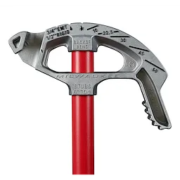 The 3/4" EMT Aluminum Conduit Bender with degree markings and a red handle is designed for accurate bending of conduit pipes.