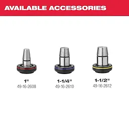 M18 ProPEX Expansion Tool available accessories: 1" (49-16-2608), 1-1/4" (49-16-2610), 1-1/2" (49-16-2612).