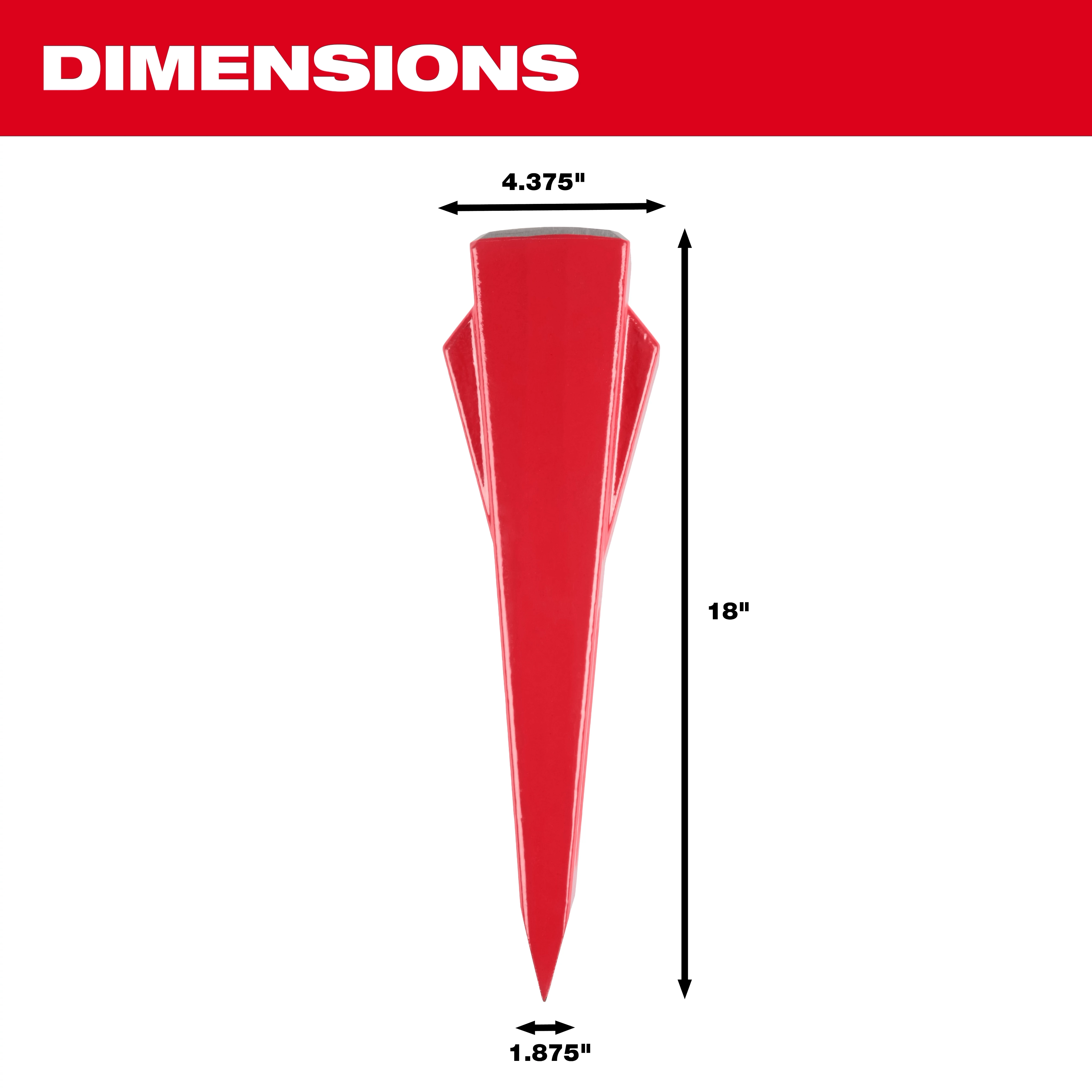 The 5lb Splitting Wedge, painted red, is shown with dimensions: 18 inches long, 4.375 inches wide at the top, and 1.875 inches wide at the bottom.