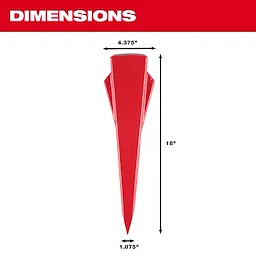 The 5lb Splitting Wedge, painted red, is shown with dimensions: 18 inches long, 4.375 inches wide at the top, and 1.875 inches wide at the bottom.