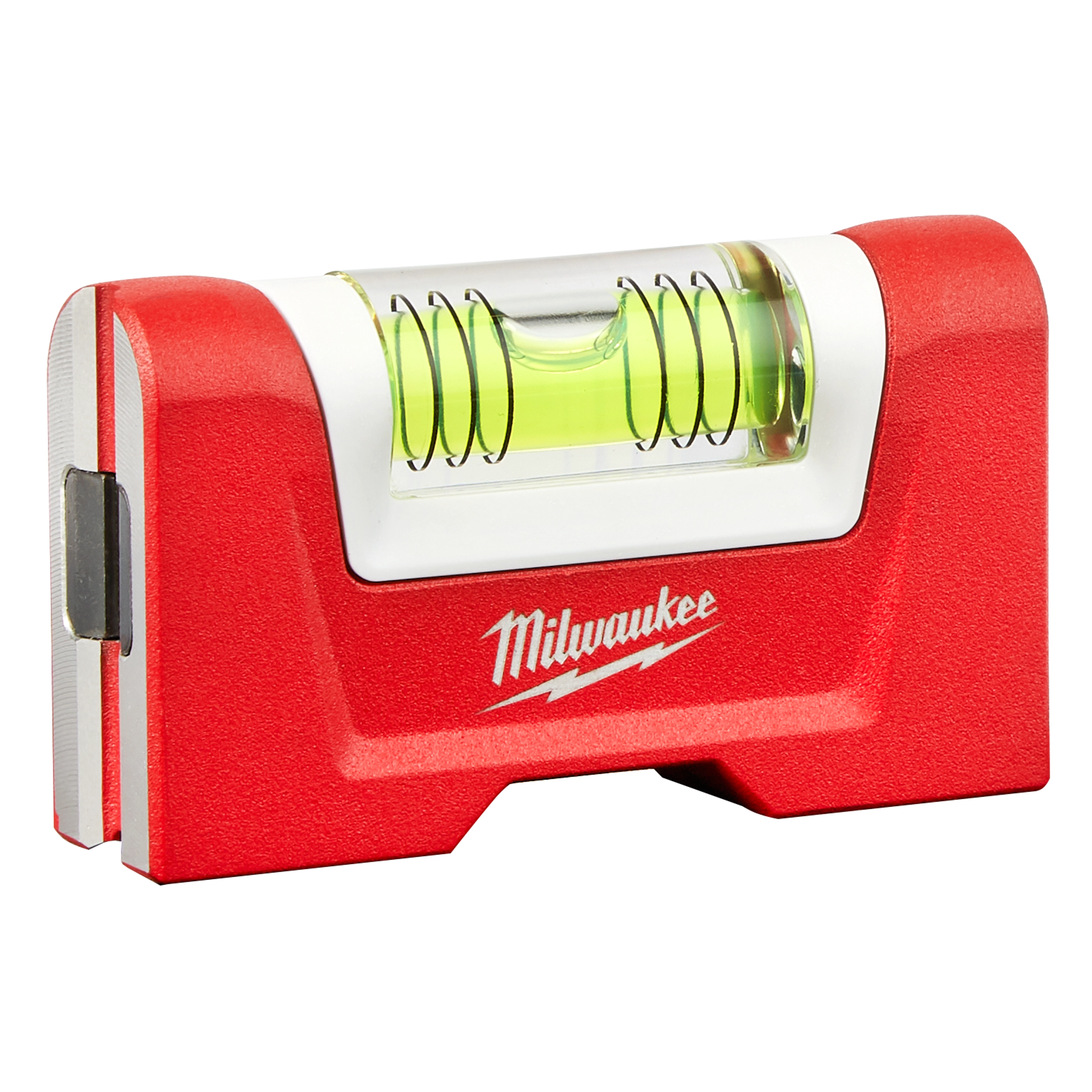 Milwaukee Pocket Level, red with white accents, features a horizontal bubble vial for leveling applications.