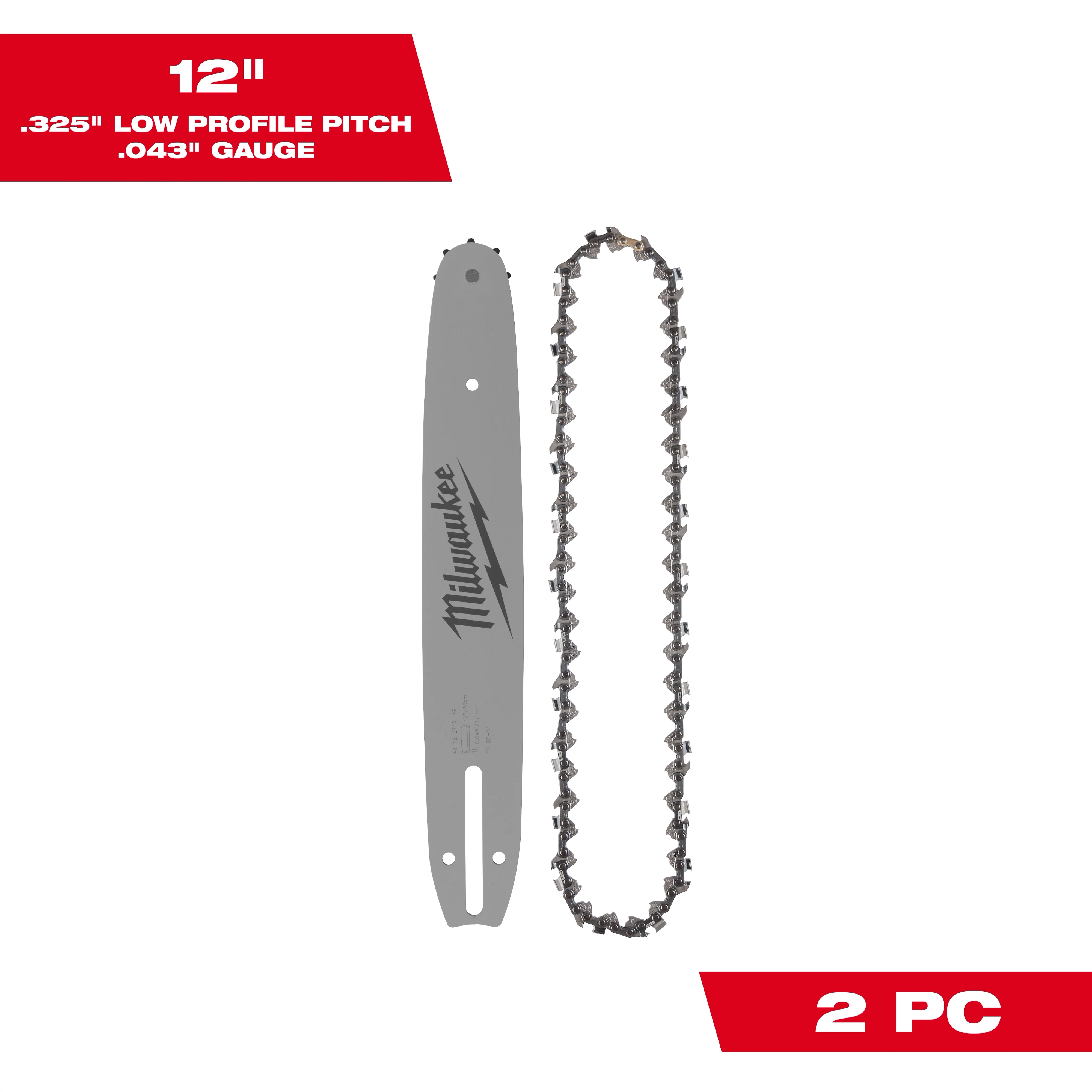 12" .325" Low Profile Pitch, .043" Gauge Saw Chain and Guide Bar Set. Includes a silver guide bar and chain, 2 pieces.
