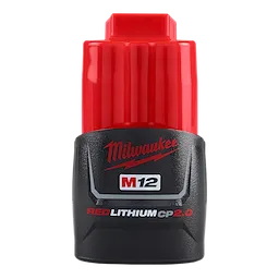 The image shows a Milwaukee M12 RED LITHIUM CP 2.0 battery pack. It is black and red, with the brand name "Milwaukee" and the product name clearly printed on the front. The battery pack is designed for use with Milwaukee M12 power tools.