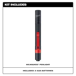 Milwaukee penlight kit includes a black and red penlight and two AAA batteries. The penlight has a textured grip and pocket clip.