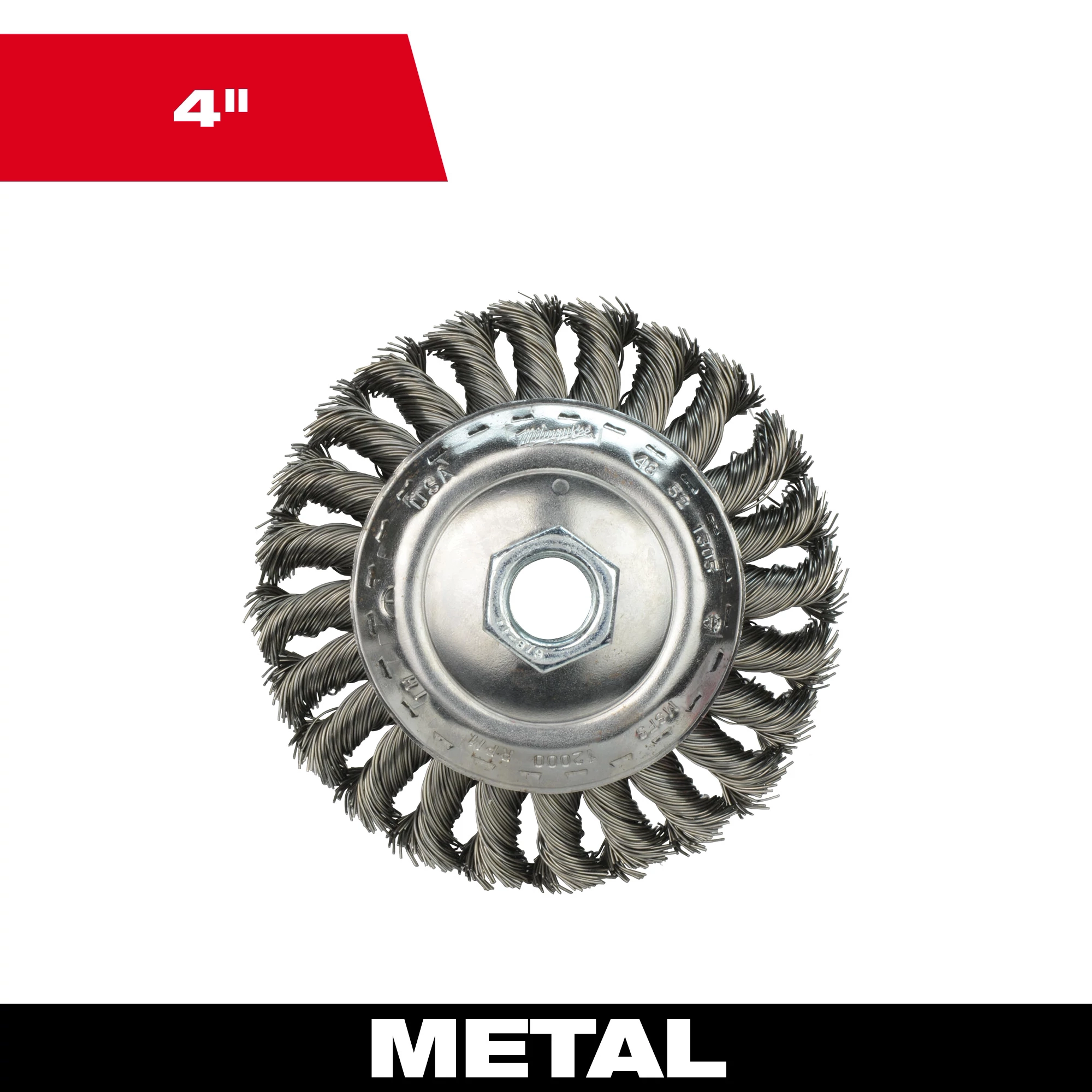 4" Bevel Knot Brush - Carbon Steel; spiral bristles in a circular arrangement, labeled for metal surfaces.