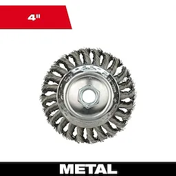 4" Bevel Knot Brush - Carbon Steel; spiral bristles in a circular arrangement, labeled for metal surfaces.