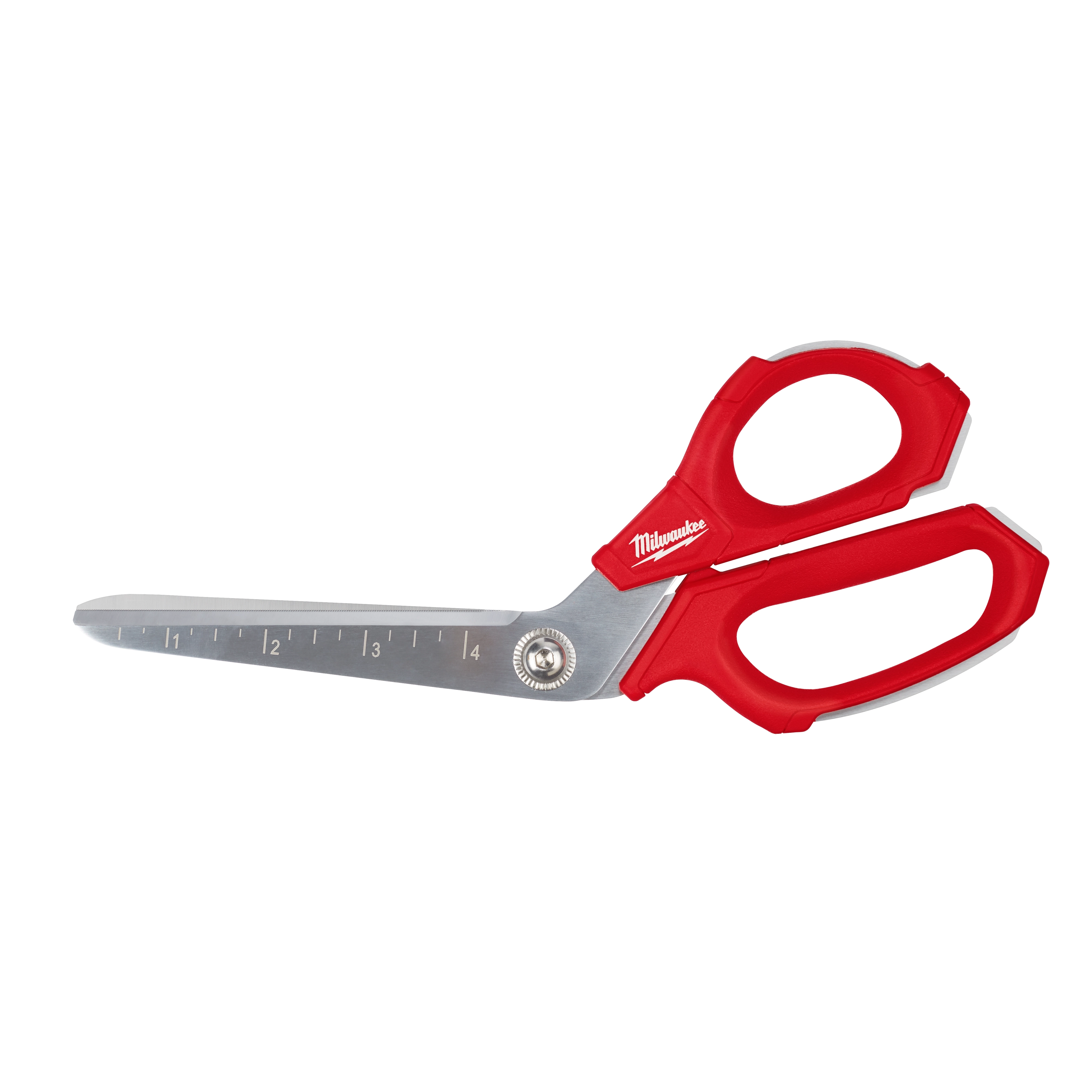 Offset Jobsite Scissors have red ergonomic handles and stainless steel blades. The blades include a measurement scale for precise cutting.