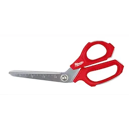 Offset Jobsite Scissors have red ergonomic handles and stainless steel blades. The blades include a measurement scale for precise cutting.