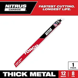 Nitrus Carbide Torch saw blade for cutting cast iron and thick metal. It is 12 inches long with 8 TPI (teeth per inch). Packaging highlights "Fastest Cutting. Longest Life." Contains one saw blade. Blade is predominantly red with black and white details, and includes the American flag emblem.