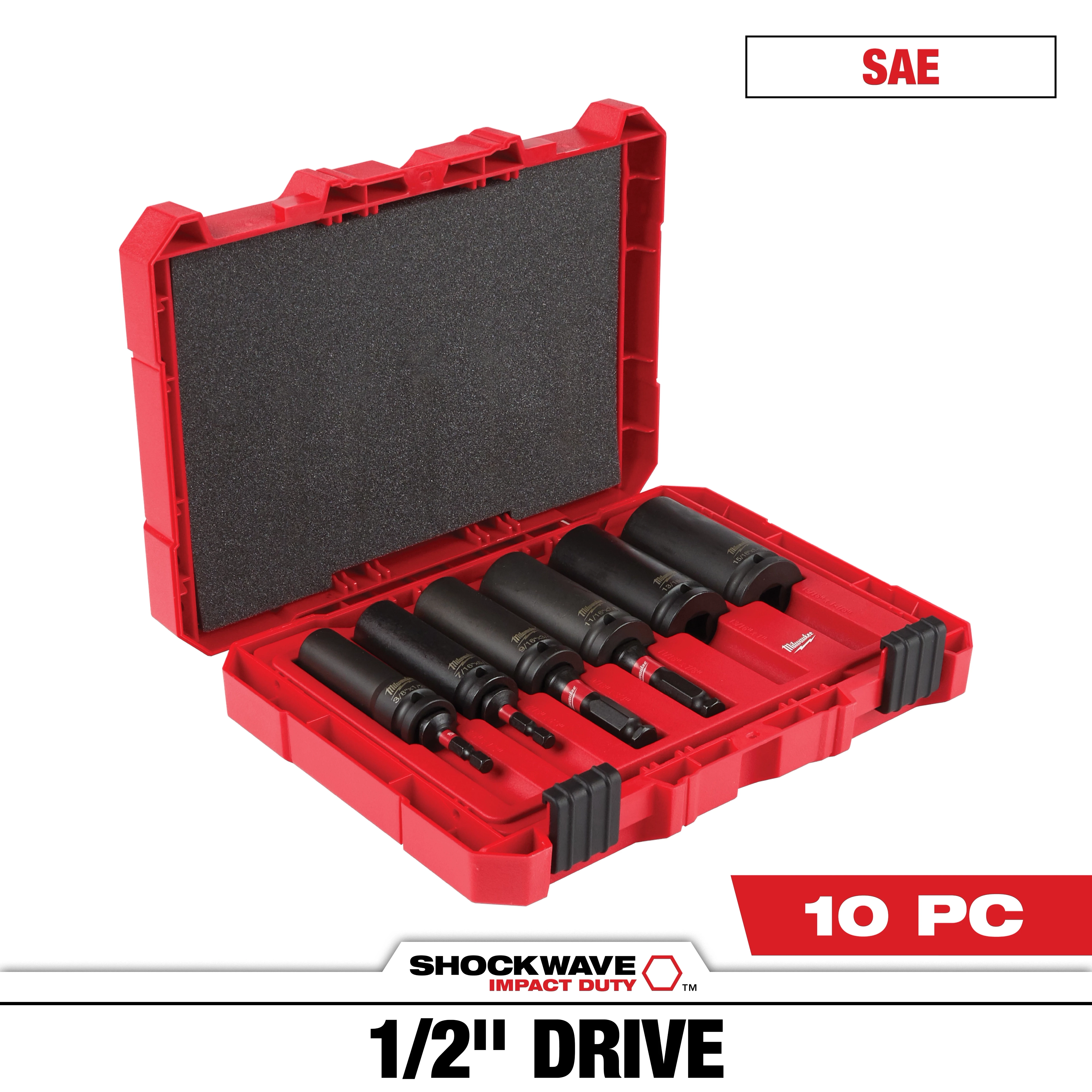The SHOCKWAVE Impact Duty Lineman's 1/2 in. Drive 2-in-1 12-Point Socket Set (10-Piece) is shown. It includes black sockets organized in a red carrying case. "10 PC" and "SAE" are displayed in the image.