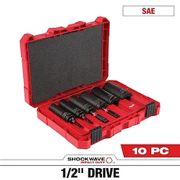 The SHOCKWAVE Impact Duty Lineman's 1/2 in. Drive 2-in-1 12-Point Socket Set (10-Piece) is shown. It includes black sockets organized in a red carrying case. "10 PC" and "SAE" are displayed in the image.