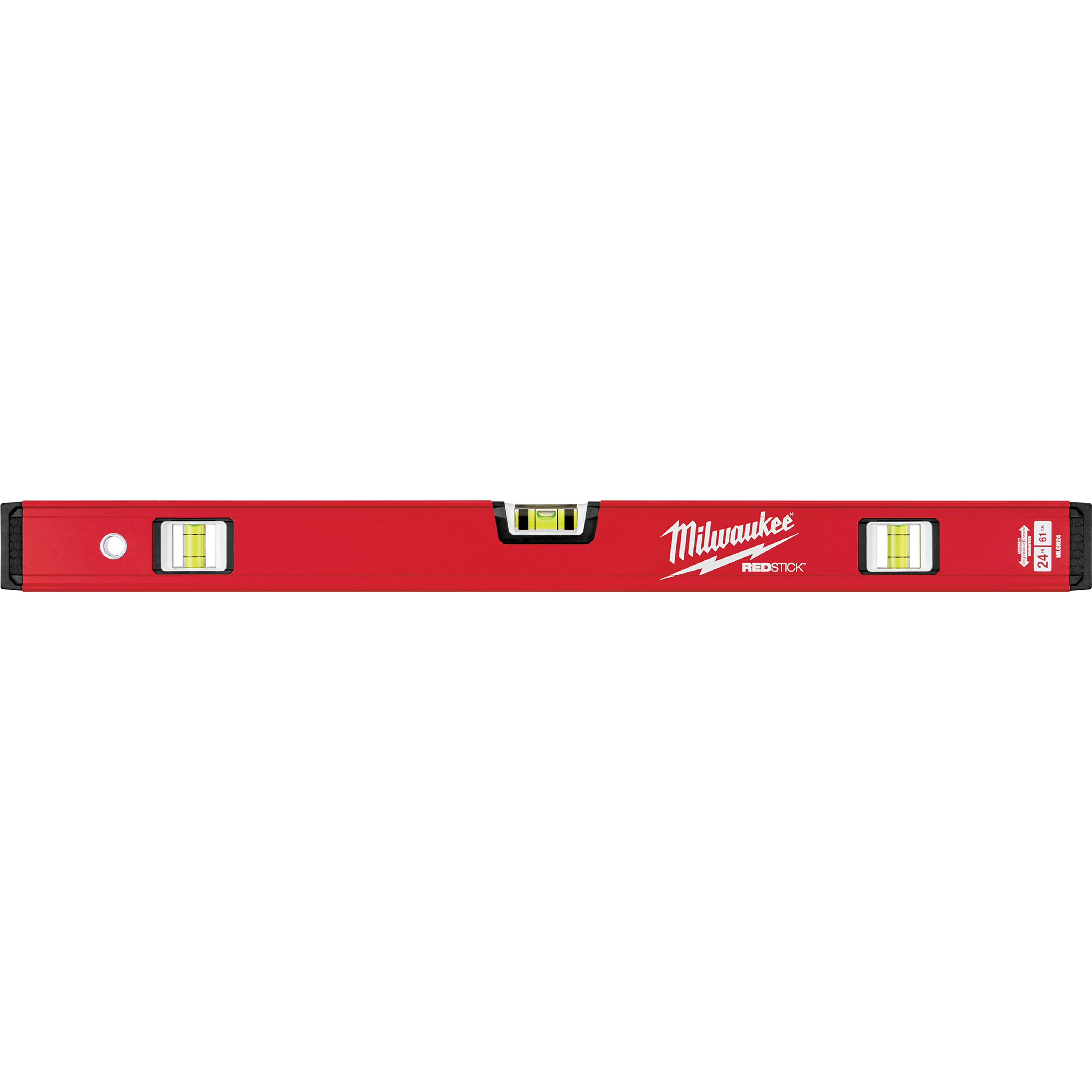 Milwaukee REDSTICK Level with red body, three yellow vials, and black end caps, used for precise leveling in construction tasks.