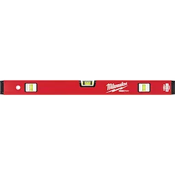 Milwaukee REDSTICK Level with red body, three yellow vials, and black end caps, used for precise leveling in construction tasks.
