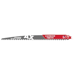 3 TPI 12" The AX™ with Carbide Teeth for Pruning & Clean Wood Sawzall Blade 1PK is a pruning saw blade featuring carbide teeth and designed for clean wood cutting. The blade has a gray body with a red section near the attachment end indicating carbide teeth.