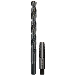 1/4"-18 NPT Straight Flute Plug Tap and 7/16" Drill Bit, shown side by side, both with black finishes, standing upright.