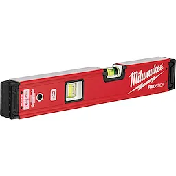 The image shows a bright red, rectangular REDSTICK Level with three visible vials and the Milwaukee logo on the side.