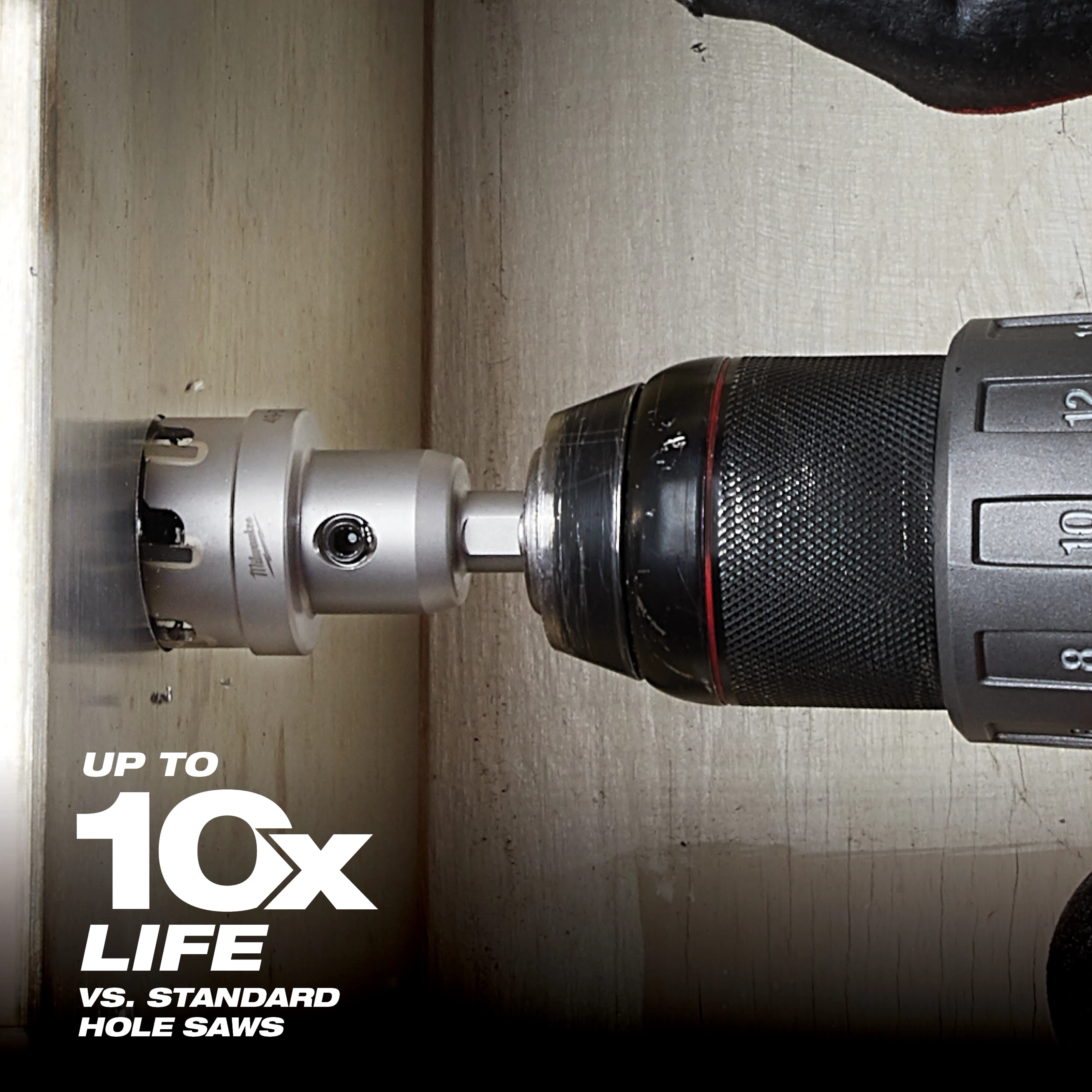 The Small Hole Cutter is attached to a power drill, cutting into a wooden surface. The text on the bottom left reads, "Up to 10x life vs. standard hole saws," highlighting the durability of the product in comparison to standard hole saws.